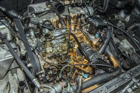Close picture at old engine, with many elements and great details Stock Photos