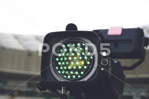 Close-up picture of a professional tv camera before broadcasting. Stock Photos