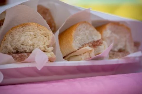 Close Up of Piece of Bread with Salami Stock Photos