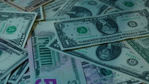Close Up Pile Of American Dollar Bills With Slow Motion Falling Cash Stock Footage 339968136