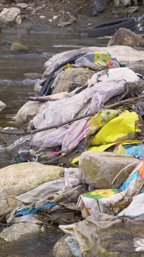 CLOSE UP: Pile of garbage waste caught between the rocks in the middle of river Stock Footage 281902940