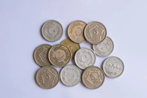 Close up of pile of pakistani five rupee coins Stock Photos