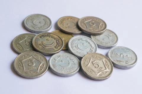 Close up of pile of pakistani five rupee coins Stock Photos