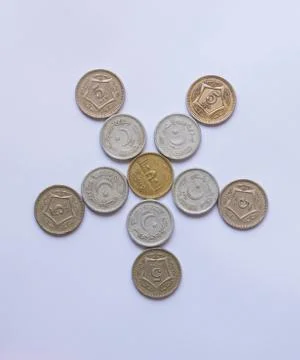 Close up of pile of pakistani five rupee coins Stock Photos