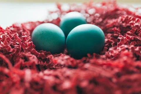 Close-up of pile of red Easter Eggs. Stock Photos
