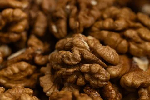 Close Up Pile of Shelled Walnut Halves Texture Stock Photos