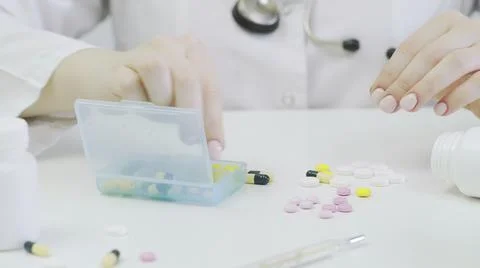 Close-up of a pillbox with different tablets. A person's hands put pills in a Stock Photos