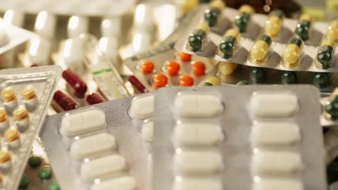 Close-up of pills and thermometer. Stock Footage 278829061