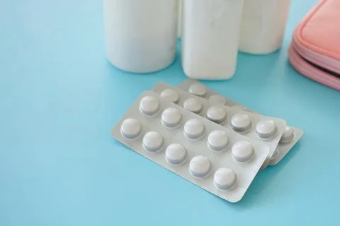 Close up of pills of blister pack on table Stock Photos
