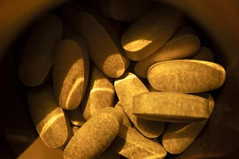 Close-up pills lying on the table Foto stock