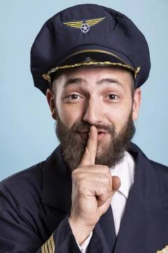 Close up of pilot doing hush silent symbol with finger on lips 写真素材