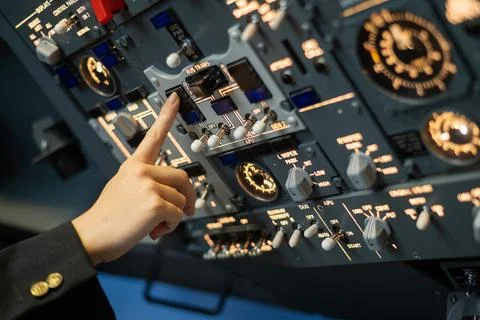 Close-up of a pilot's hand turning a toggle switch on the control panel. Stock Photos