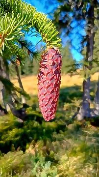 Close Up Of Pine Cone Hanging From Spruce Tree Branch Stock Photos