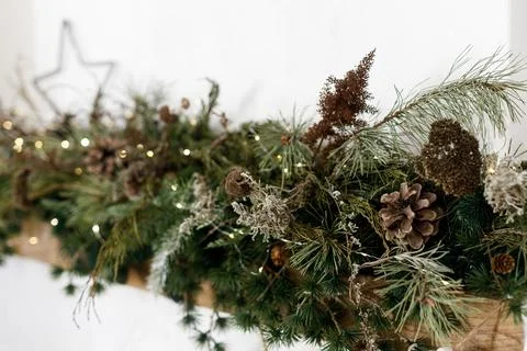 Close up of pine garland with pine cones, dried flowers, starand  lights on.. Stock Photos