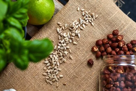 Close up of pine kernels nuts on a table Foto stock
