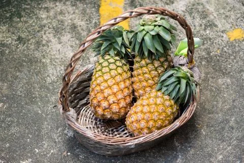 Close up pineapple in basket on ground Stock Photos