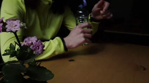 The close up pink flower, man in green or yellow shirt opening bottle of water a Stock Footage 305995033