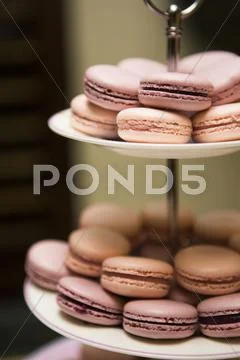 Close-Up Of Pink Macarons On Dessert Stand