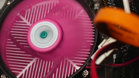 Close Up Of Pink Processor Cooler On The Motherboard Is Spinning In Computer Cas Stock Footage 149666414