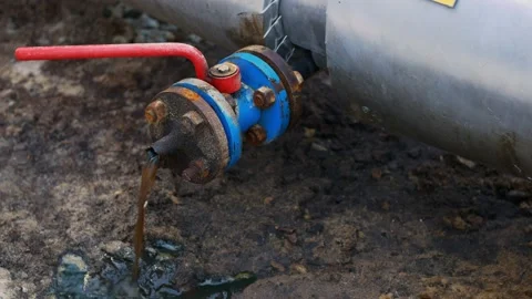 Close-up of a pipeline crane opens from the pipe, oil flows to the ground. Black Stock Footage 166350586