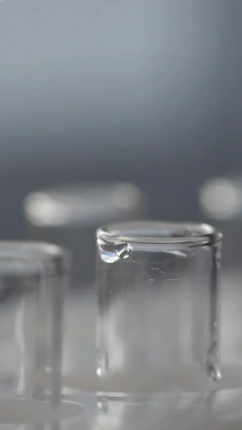 Close-up of a pipette dripping clear liquid into a laboratory test tube during a Video stock 335521796