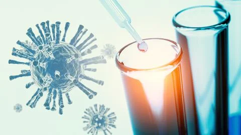 Close up pipette dropping blue solution sample into test tube in laboratory.. Fotos de archivo