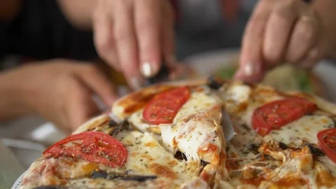 Close-up. pizza at a friendly dinner. Stock Footage 114930119