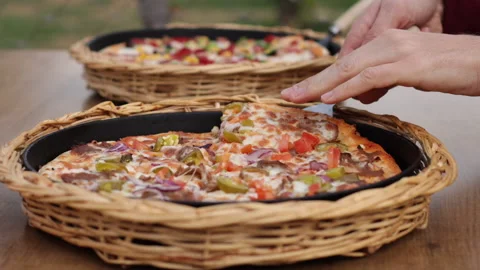 Close Up Pizza On Table In Restaurant. Take Slice Of Pizza. Organic Cuisine. Video stock 230974037