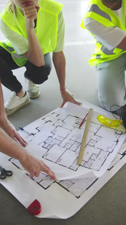 Close up plan Engineers in safety vests inspect a building blueprint and measure Stock Footage 348248135