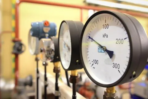 Close up plan of manometer. Measuring device in oil and gas industry Stock Photos