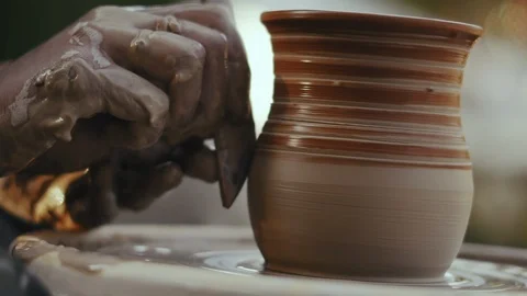 Close Plan, Slow Motion, Hands of The Potter Woman Treat Clay Pot on the Potter Stock Footage 123505123