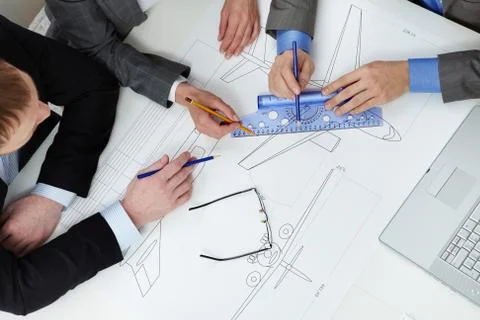 Close-up of a plane draft being made by engineers Stock Photos