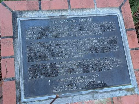 Close-up of plaque describing Carson House known as the Pink Lady Stock Photos