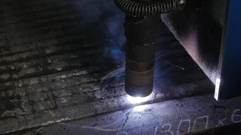 Close up of plasma cutter. Plasma robotic industrial equipment works with metall Stock Footage 94326505
