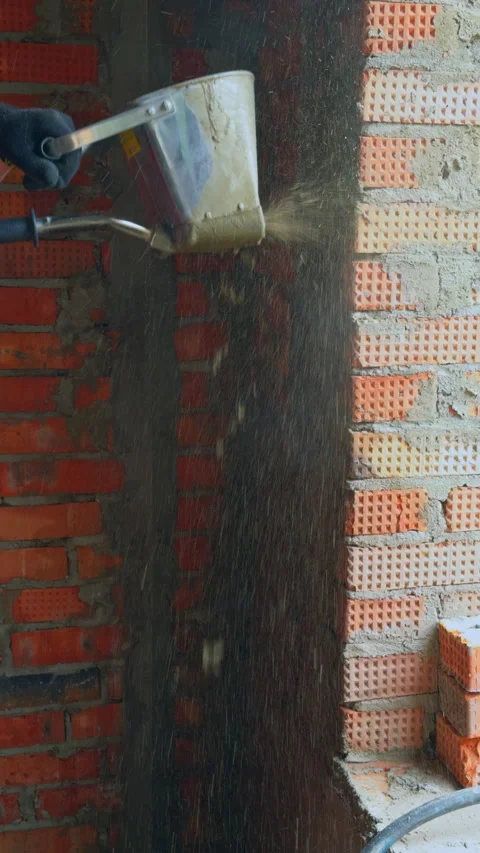 Close-up of plastering a brick wall using a hopper bucket that sprays mortar. Stock Footage 312357065