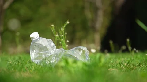 Close up of a plastic bottle on a green grass lawn in a public park Stock Footage 236878708