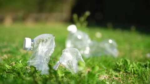 Close up of a plastic bottle on a green grass lawn in a public park Stock Footage 236900958