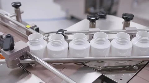 Close-up of plastic containers in the drug production line. empty vials are Stock Footage 200856941