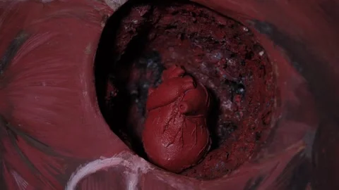Close-up of a plastic heart in the chest of a mannequin in a dark room. Quest. Stock Footage 288334589