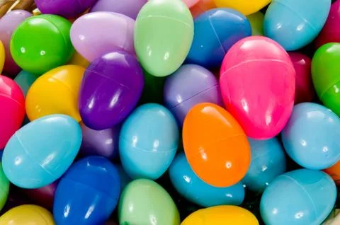 Close - up of plastic multicolored easter eggs Stock Photos