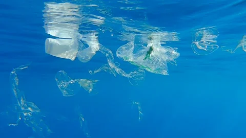 Close-up of plastic pollution of the Ocean. A lot of plastic debris drifting Stock Footage 149996313