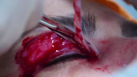 Close-up of a plastic surgery. A surgeon removing piece of skin from eyelid Video stock 145603011