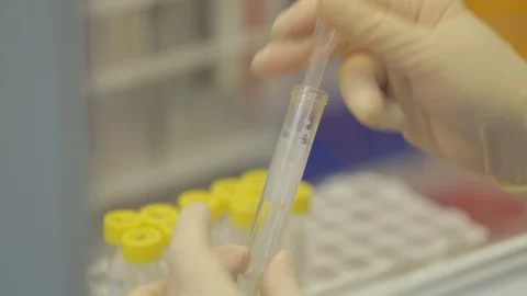 Close-up of plastic test tube, scientist stirs transparent sample with pipette Stock Footage 128644467