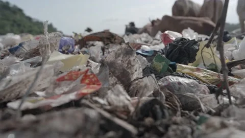 Close up plastic waste blow by the wind on landfill Stock Footage 201396408