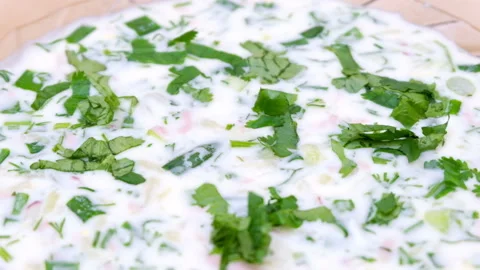 Close-up plate of delicious fresh spring okroshka Stock Footage 106341160
