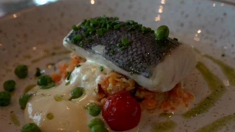 Close up, plate of Fish fillet with vegetable cream. Stock Footage 318828916