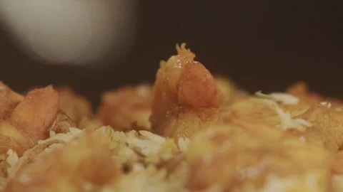 Close-up of plate of rice with shrimp spinning in slow motion Stock Footage 113616896
