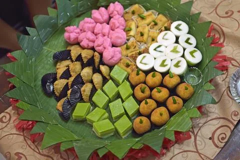 Close-up of plate of snacks, Pekalongan, Java island, Indonesia, Southeast Asia, Fotos de archivo