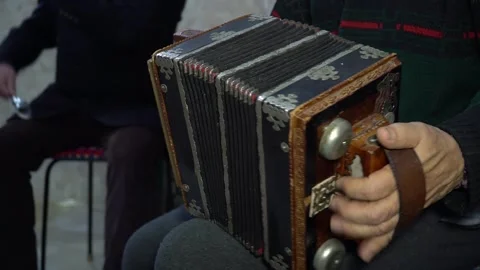 Close up to play the harmonica and spoons at home. national songs Stock Footage 132157726