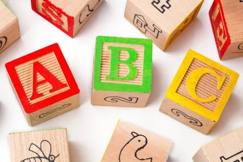 Close up of playing cubes with alphabets abc Stock Photos